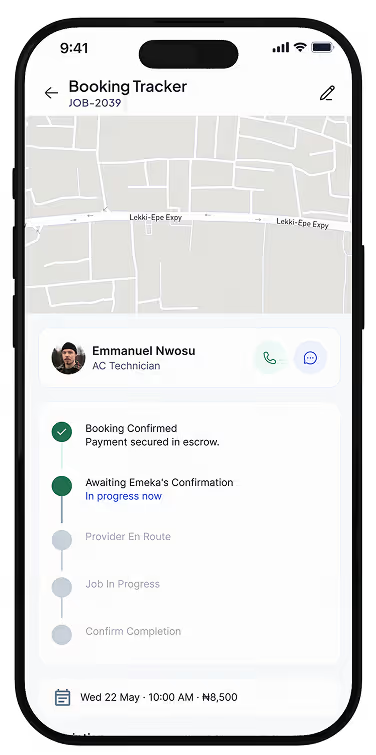 Mobile booking tracker screen showing job status, technician Emmanuel, and booking details with map above.